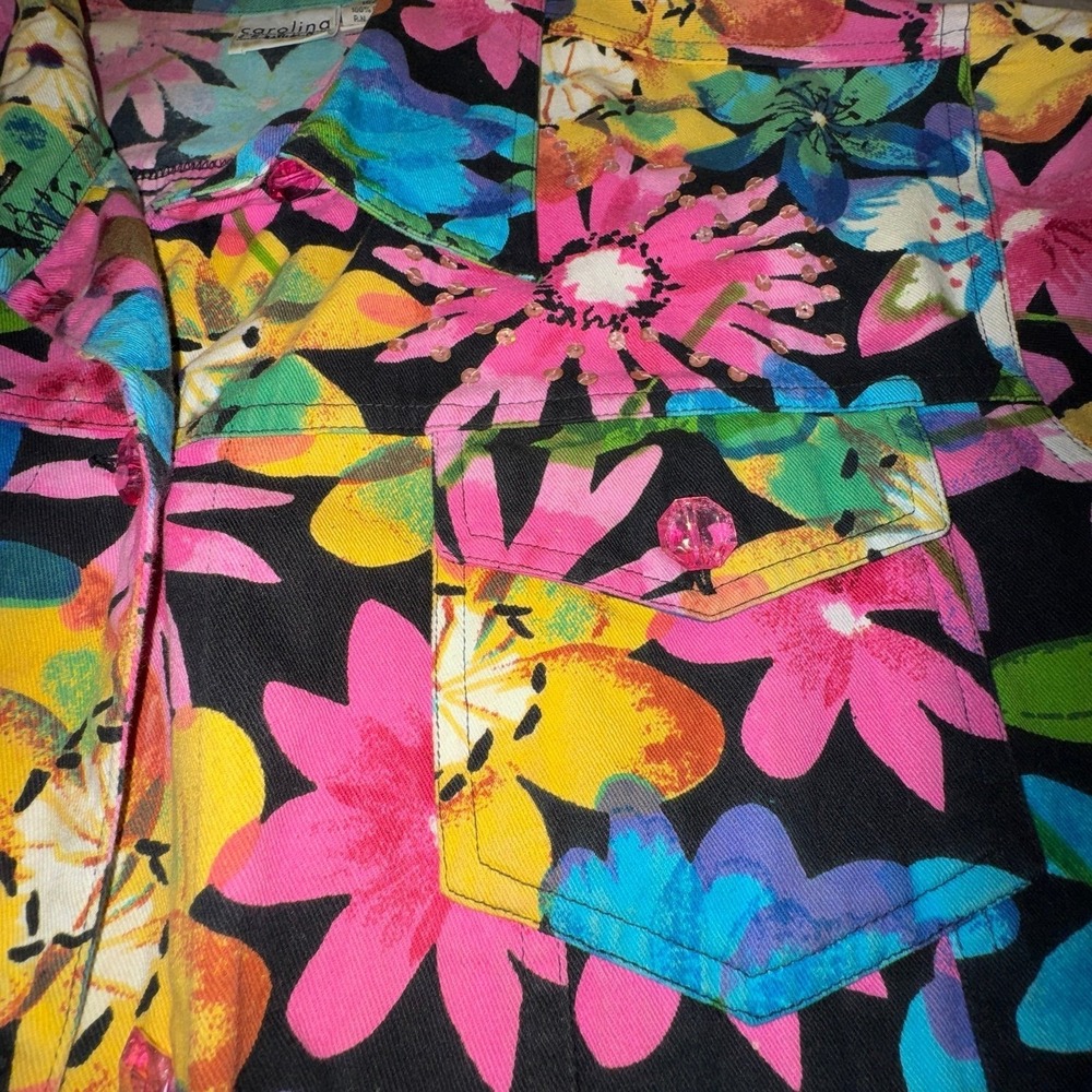 Vintage Carolina Colours 18/20 XL Colorful Floral Blazer Top Sequins Vacation - Picture 3 of 7